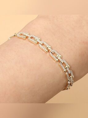 18K Gold Dipped Stone Pave Link Adjustable Cinch Pull Tie Bracelet
